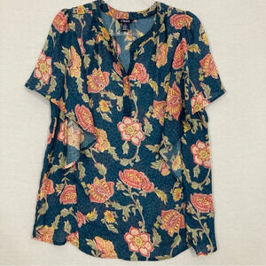 Chaps Blue Red Floral Soft Comfy Lightweight Short Sleeve Popover Top Large